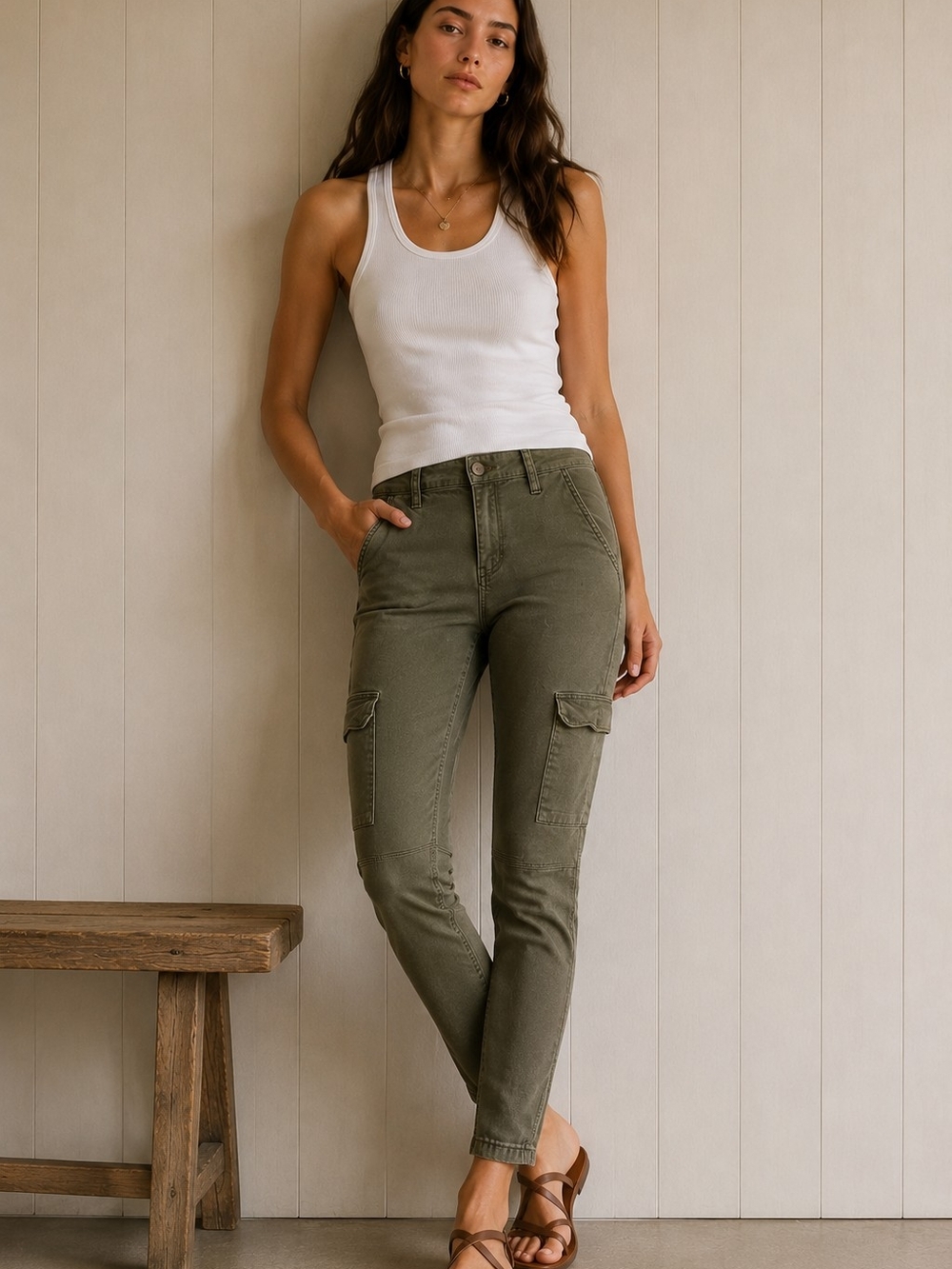 Ashley Mason Olive Green Cargo Pants Size 11/30 Skinny Leg Stretch Utility Y2K
